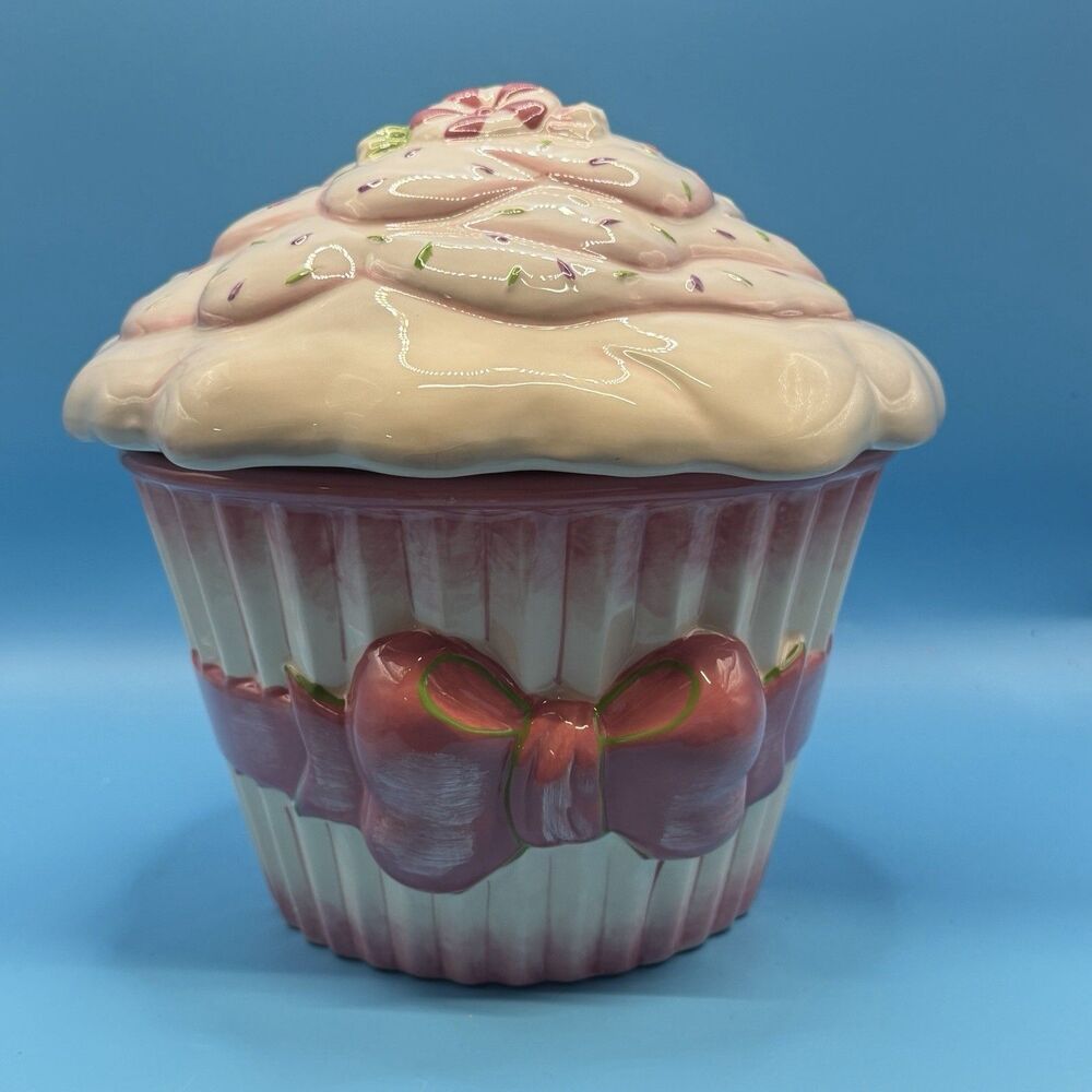 Deb Malewski Next Day Art Cupcake Cookie Jar Pink Bow Ceramic Canister 7”